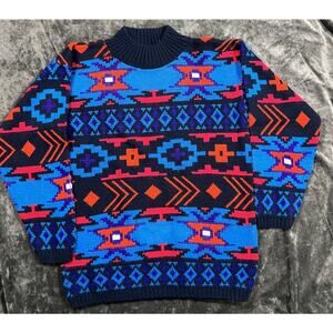 Croquet Club Aztec Sweater Medium Vintage USA Blue Red Knit Southwestern Retro